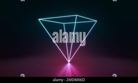 Colored neon glowing pyramid inverted stand in darkness Stock Photo