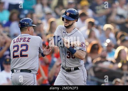 Houston Astros second baseman Mauricio Dubon bats during the sixth inning  of a baseball game against the Toronto Blue Jays, Monday, April 17, 2023,  in Houston. (AP Photo/Kevin M. Cox Stock Photo 