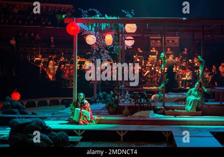 awaiting Pinkerton's return - front left: Liping Zhang (Madam Butterfly / Cio-Cio-San)  right: Marcia Bellamy (Suzuki) in MADAM BUTTERFLY by Puccini at the Royal Albert Hall, London SW7  19/02/1998  a Raymond Gubbay production  conductor: Peter Robinson  design: David Roger  lighting: Andrew Bridge  director: David Freeman Stock Photo