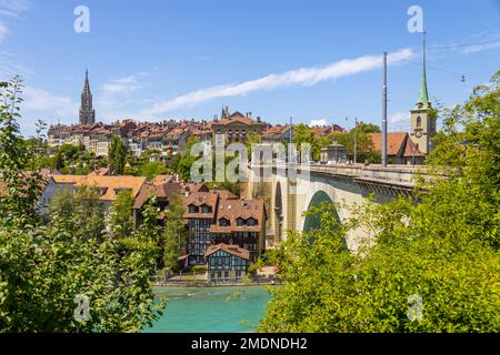 BERN, SWITZERLAND, JUNE 23, 2022 - View of Nydegg Bridge and old buildings in Bern, Switzerland Stock Photo