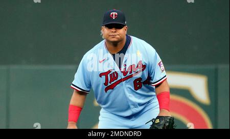 Minnesota Twins' Willians Astudillo (64) runs toward the dugout after the  first inning of a baseball game against the Tampa Bay Rays, Sunday, Aug. 15  , 2021, in Minneapolis. (AP Photo/Stacy Bengs
