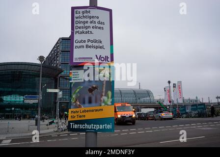 Berlin, Germany. 23rd Jan, 2023. The conservative Christian Democratic Union (CDU) has a chance to win regional elections in Berlin for the first time since 1999. Pictured here on January 23, 2023 is a poster of Volt Europa and Partei Mensch Umwelt Tierschutz. Credit: Ales Zapotocky/CTK Photo/Alamy Live News Stock Photo