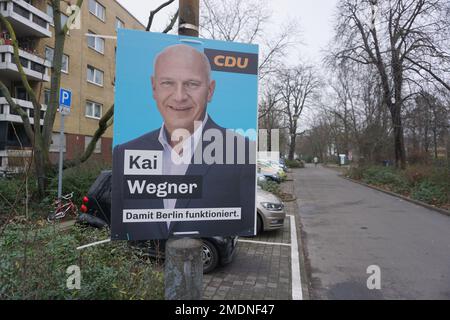 Berlin, Germany. 23rd Jan, 2023. The conservative Christian Democratic Union (CDU) has a chance to win regional elections in Berlin for the first time since 1999. Pictured here on January 23, 2023 is a poster of CDU mayoral candidate Kai Wegner. Credit: Ales Zapotocky/CTK Photo/Alamy Live News Stock Photo