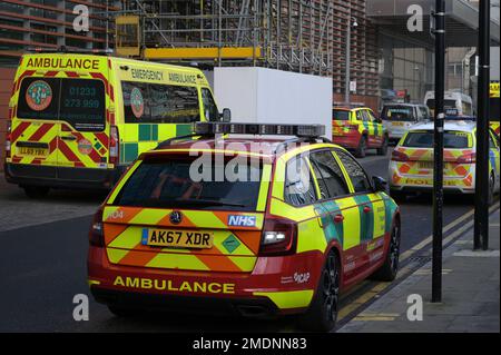 London, UK. 23rd Jan, 2023. Ambulances at the The Royal London Hospital in Whitechapel east London during the third strike by NHS Unite Ambulance workers over pay and staffing shortages Credit: MARTIN DALTON/Alamy Live News Stock Photo
