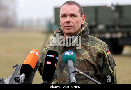 23 January 2023, Mecklenburg-Western Pomerania, Gnoien: Col. Jörg Sievers, contingent commander of the German Armed Forces in Poland, speaks at a press event for Air Defense Missile Group 24 prior to the transfer of the first two of the three promised Patriot air defense missile squadrons from Germany to Poland. The air defense systems are to move into operational positions around the town of Zamosc in southeastern Poland. From there, it is about 60 kilometers to the Ukrainian border and 110 kilometers to the Ukrainian city of Lviv (Lemberg). The third season is to follow in the next few days. Stock Photo