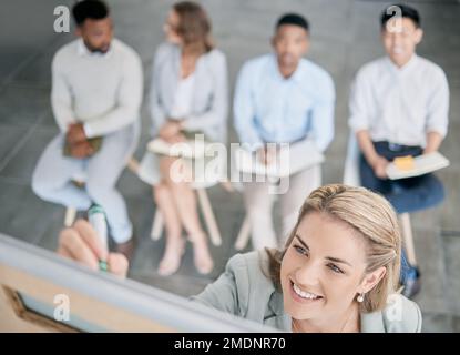 Presentation, training and woman writing on board in a meeting for planning, coaching and strategy. Happy, executive and face of a manager teaching Stock Photo