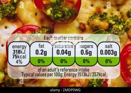 Nutritional information traffic lights system labelling colour coded label information on box of Matzos flame baked cracker by Rakusen's of Yorkshire Stock Photo