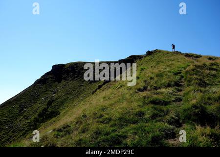 Man Walking on Ridge Path to the Nab on 'Wild Boar Fell' from High Dolphinsty near the Pennine Bridleway in the Eden Valley, Yorkshire Dales. UK. Stock Photo