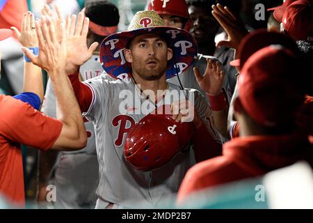 Philadelphia Phillies' Brad Miller is congratulated by his