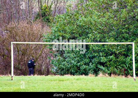 Glasgow, Scotland, UK 23rdJanuary, 2023. Van crashes through sports field wire and into the side of the forth and clyde canal at Blairdardie on great western road. The torn up wire wall and concrete posts were intersected by train tracks in the soft football pitch credit  Gerard Ferry/Alamy Live News Stock Photo