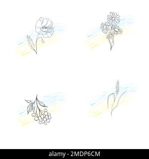 Large set of line art patriotic illustrations. Stop the war in Ukraine Stock Photo