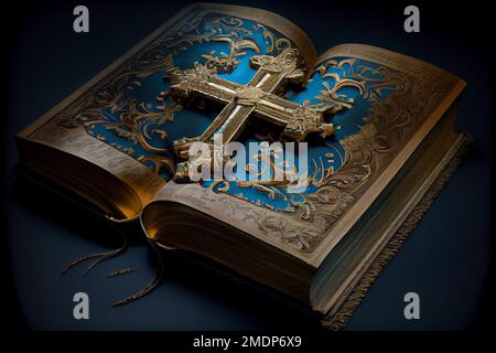 A cross in the middle of opened bible with dark background Stock Photo