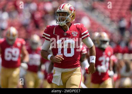 San Francisco 49ers quarterback Jimmy Garoppolo (10) chats with FOX  broadcaster Terry Bradshaw following the NFL football NFC Championship game,  Sunday, Jan. 19, 2020, in Santa Clara, Calif. The 49ers defeated the