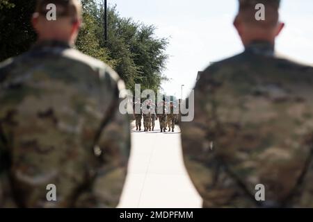 Colonel Nicholas Dipoma, Second Air Force Vice Commander, and Chief Master Sergeant Kathleen McCool, Second Air Force Command Chief, visit the 37th Training Wing at Joint Base San Antonio-Lackland, Texas, on July 26, 2022. Col. Dipoma and CMSgt. McCool toured Basic Military Training. Stock Photo