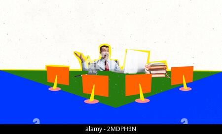 Emotional man sitting in front of drawn computers. Contemporary art collage, modern design. Concept of education, self-development, personal growth Stock Photo