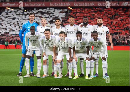 Real Madrid CF team lines up prior to the La Liga match between Athletic Club and Real Madrid CF at San Mames Stadium on January 21, 2023, in Bilbao, Vizcaya, Spain. during the La Liga match between Athletic Club and Real Madrid played at San Mames Stadium on January 22, 2023 in Bilbao, Spain. (Photo by Cesar Ortiz / PRESSIN) Stock Photo