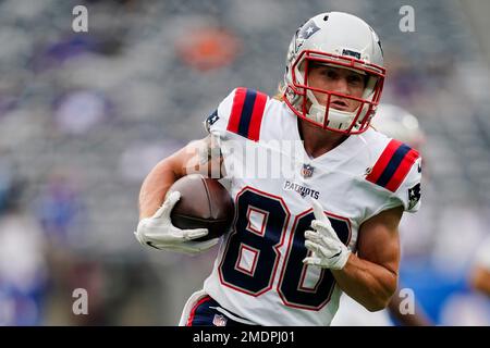 New England Patriots wide receiver Gunner Olszewski (80) warms up on the  field before an NFL football game against the Indianapolis Colts, Saturday,  Dec. 18, 2021, in Indianapolis. (AP Photo/Zach Bolinger Stock