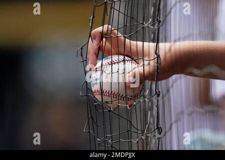 A baseball fan holds a ball as he waits to get an autograph from Chicago  White Sox's Jake Burger before a baseball game between the Kansas City  Royals and the Chicago White