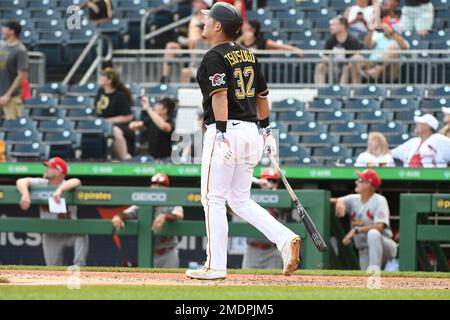 Yoshi Tsutsugo of the Pittsburgh Pirates flies out during the