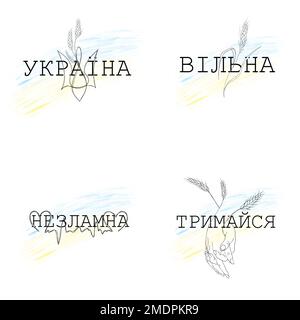 Large set of line art patriotic illustrations. Stop the war in Ukraine Stock Photo