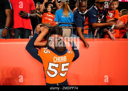 Denver Broncos linebacker Bradley Chubb (55) lines up against the Tampa Bay  Buccaneers in the first half of an NFL football game, Sunday, Sept.. 27,  2020, in Denver. (AP Photo/Justin Edmonds Stock