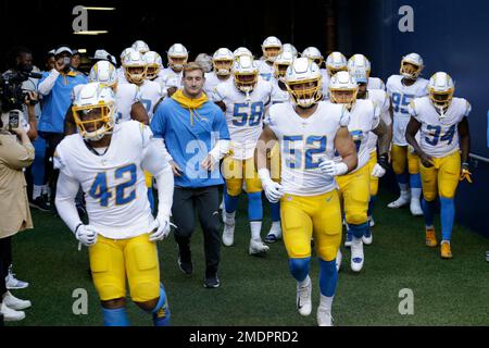 Los Angeles Chargers running back Austin Ekeler (30) walks on the field  before an NFL football game against the Kansas City Chiefs Thursday, Dec.  16, 2021, in Inglewood, Calif. (AP Photo/Kyusung Gong