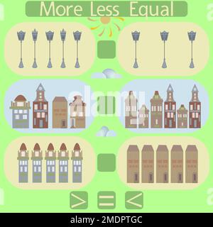 count the houses and lanterns in the picture and put a sign greater than, less than or equal Stock Vector