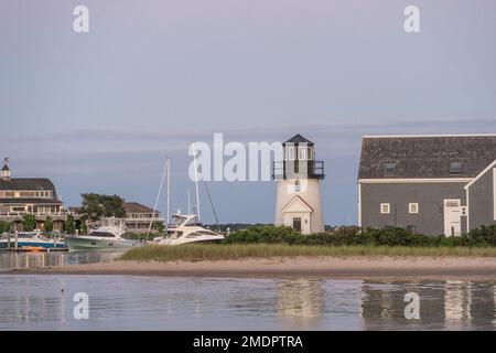 Hyannis Port, Massachusetts-July 6, 2022: Charming Hyannis Harbor light in Lewis Bay is a historic landmark in Barnstable County, Cape Cod Stock Photo