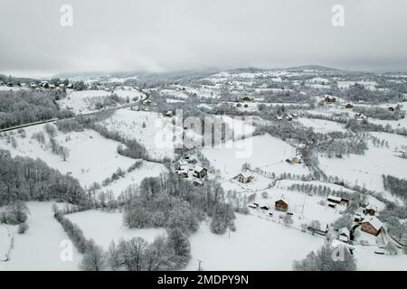 View of Lake Balkana and the surrounding area covered with snow. Lake Balkana is located at the foot of Mount Lisina, at about 700 meters above sea level, bordered by pastures, oak and conifer forests, and is about five kilometers west of Mrkonjic Grad and the most popular is a picnic spot in this part of Bosnia and Herzegovina. It consists of two artificial lakes (Big and Small) that were created by damming the headwaters of Crna Rijeka, and cover an area of about 56,000 square meters, in  Bosnia and Herzegovina, on  January 23, 2023.  Photo: Dejan Rakita/PIXSELL Stock Photo