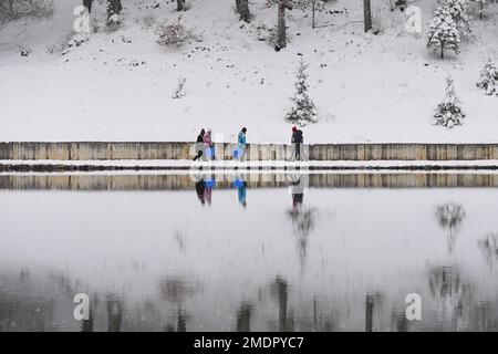 View of Lake Balkana and the surrounding area covered with snow. Lake Balkana is located at the foot of Mount Lisina, at about 700 meters above sea level, bordered by pastures, oak and conifer forests, and is about five kilometers west of Mrkonjic Grad and the most popular is a picnic spot in this part of Bosnia and Herzegovina. It consists of two artificial lakes (Big and Small) that were created by damming the headwaters of Crna Rijeka, and cover an area of about 56,000 square meters, in  Bosnia and Herzegovina, on  January 23, 2023.  Photo: Dejan Rakita/PIXSELL Stock Photo