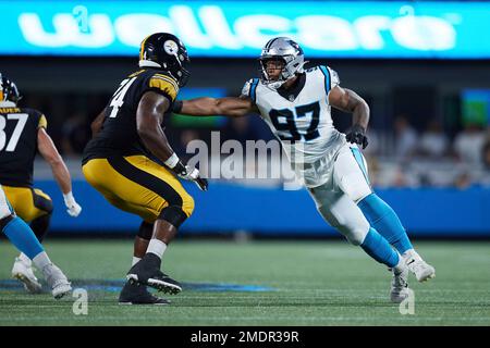 Carolina Panthers defensive end Yetur Gross-Matos (97) on defense during an  NFL preseason football game against the Buffalo Bills, Saturday, Aug. 26,  2022, in Charlotte, N.C. (AP Photo/Brian Westerholt Stock Photo - Alamy