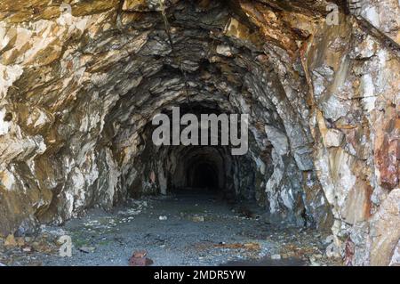 Old gold mine tunnel entrance around Salmon Glacier, Hyder, Alaska Stock Photo