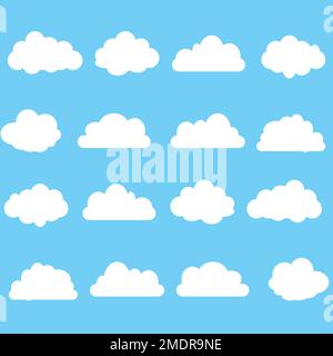 Set of Different shape cartoon white clouds on blue background. Vector decoration element Stock Vector