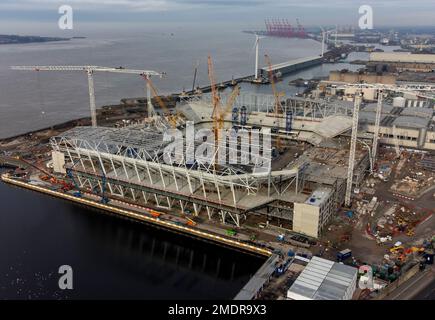 An aerial view of construction work at the site of Everton football club's new stadium being built at Bramley-Moore Dock. Everton are now 10 games without a win in all competitions and only off the bottom of the table on goal difference. Stock Photo