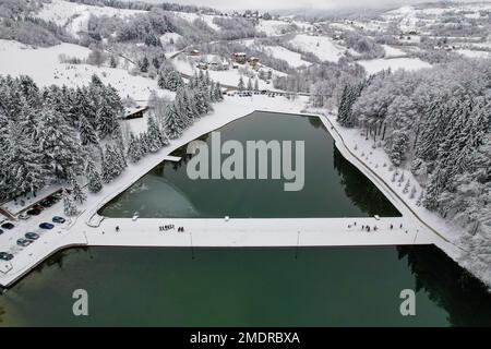 View of Lake Balkana and the surrounding area covered with snow. Lake Balkana is located at the foot of Mount Lisina, at about 700 meters above sea level, bordered by pastures, oak and conifer forests, and is about five kilometers west of Mrkonjic Grad and the most popular is a picnic spot in this part of Bosnia and Herzegovina. It consists of two artificial lakes (Big and Small) that were created by damming the headwaters of Crna Rijeka, and cover an area of about 56,000 square meters, in  Bosnia and Herzegovina, on  January 23, 2023.  Photo: Dejan Rakita/PIXSELL Stock Photo