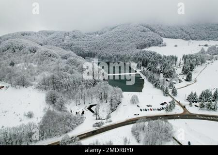 View of Lake Balkana and the surrounding area covered with snow. Lake Balkana is located at the foot of Mount Lisina, at about 700 meters above sea level, bordered by pastures, oak and conifer forests, and is about five kilometers west of Mrkonjic Grad and the most popular is a picnic spot in this part of Bosnia and Herzegovina. It consists of two artificial lakes (Big and Small) that were created by damming the headwaters of Crna Rijeka, and cover an area of about 56,000 square meters, in  Bosnia and Herzegovina, on  January 23, 2023.  Photo: Dejan Rakita/PIXSELL Stock Photo