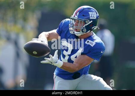 New York Giants running back Sandro Platzgummer (34) reacts after