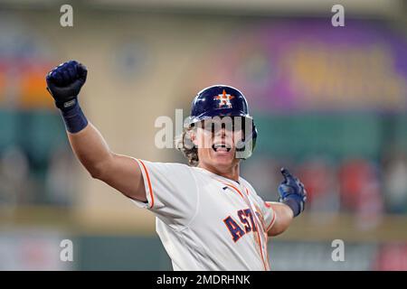 Houston Astros' Jake Meyers celebrates after scoring on a three-run double  by Jeremy Pena against the Tampa Bay Rays during the fourth inning of a  baseball game Saturday, July 29, 2023, in