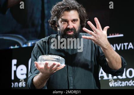 Austrian Chef, Konstantin Filippou from Restaurant Konstantin Filippou seen during the Madrid Fusion international gastronomic congress edition at IFEMA in Madrid. Stock Photo