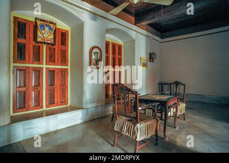 08 22 2009 Veranda in Vintage Architectura Heritage.Old Wooden House at Chettinad near Karaikudi Tamil Nadu India Stock Photo