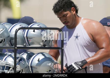 Dallas Cowboys defensive tackle Isaac Alarcon (60) is seen during the  second half of an NFL football game against the Las Vegas Raiders,  Saturday, Aug. 26, 2023, in Arlington, Texas. Dallas won