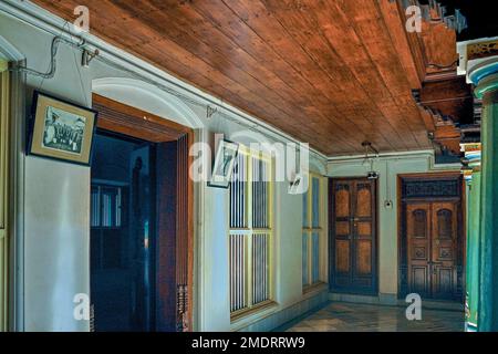 08 22 2009 Veranda in Vintage Architectura Heritage.Old Wooden House at Chettinad near Karaikudi Tamil Nadu India Stock Photo