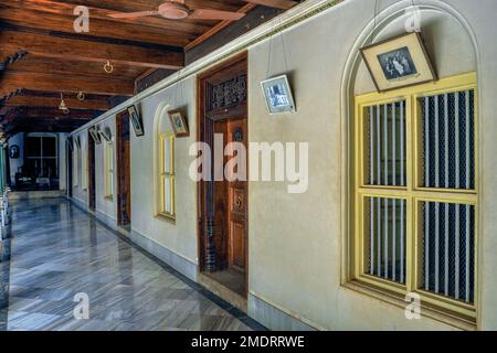 08 22 2009 Veranda in Vintage Architectura Heritage.Old Wooden House at Chettinad near Karaikudi Tamil Nadu India Stock Photo