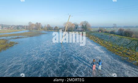 Picture dated January 22nd shows people fen skating near Ely,Cambridgeshire on Sunday afternoon.  The Cambridgeshire Fens have been turned into an inc Stock Photo