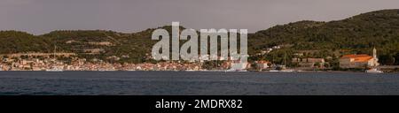 ISLAND OF VIS, CROATIA, EUROPE - Panorama view of Vis harbor waterfront. Stock Photo