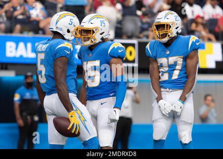 Los Angeles Chargers wide receiver Joshua Palmer (5) participates in a  drill during the NFL football team's training camp, Saturday, July 29,  2023, in Costa Mesa, Calif. (AP Photo/Ashley Landis Stock Photo - Alamy