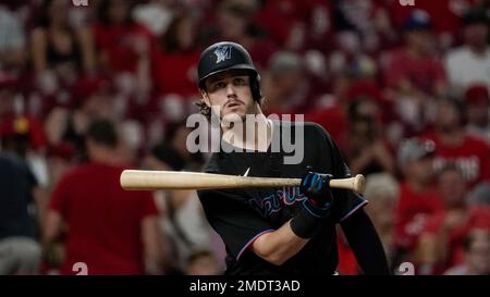 Miami Marlins' Brian Anderson, let, and JJ Bleday celebrate after a baseball  game against the Philadelphia Phillies, Thursday, Sept. 8, 2022, in  Philadelphia. (AP Photo/Matt Slocum Stock Photo - Alamy