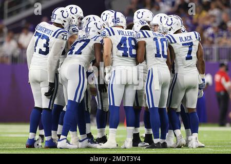 Detroit Lions offense huddles against Indianapolis Colts during an NFL  preseason football game, …