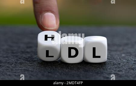 Hand turns dice and changes the abbreviation LDL (low-density lipoprotein) to HDL (high-density lipoprotein). Stock Photo