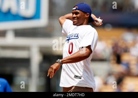 Russell Westbrook Throwing Out First Pitch For Lakers Day At Dodger Stadium